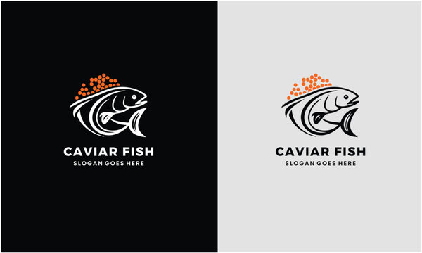Caviar fish logo design with orange roe on black and white background
