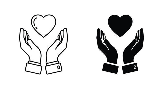 Heart in hands icons representing charity donation and care concepts in clean outline and solid black vector style for healthcare wellness and non-profit organization branding and social media visuals