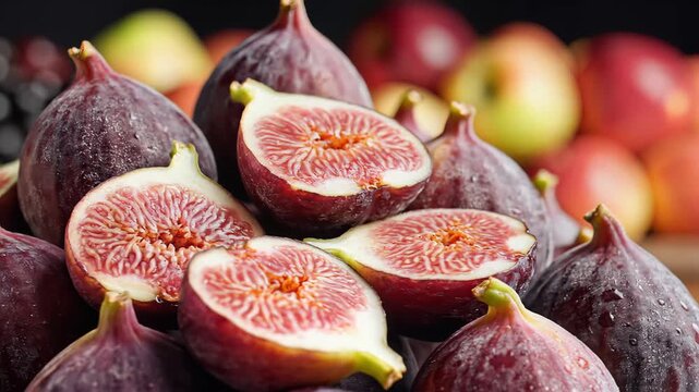 Fresh Ripe Figs Halved Revealing Juicy Red Interior Healthy Fruit.