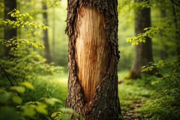 Fototapeta premium Zoomed-in shot of tree trunk missing outer bark framed by lively spring foliage in serene woods