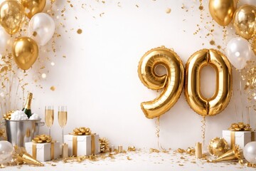 Naklejka premium Celebration setup with gold number ninety balloon and large text space on white backdrop