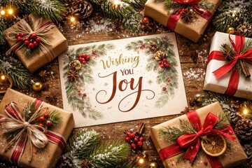Naklejka premium Seasonal celebration card with wrapped gifts and pine branches for a joyful winter