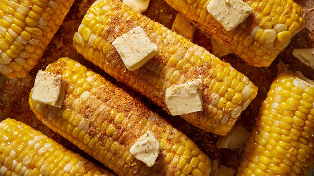 Overhead composition of corn cobs with butter and seasoning, food styling, natural light