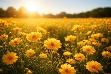Obraz premium Golden flowers flourishing under bright warm Sunday sun in farm fields with clear copy space area