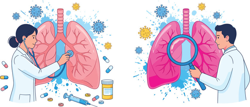 Doctors examining human lungs for respiratory disease and viral infection medical illustrationDoctors examining human lungs for respiratory disease and viral infection medical illustration