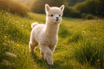 Fototapeta premium Happy baby alpaca wandering freely through lush green grassland