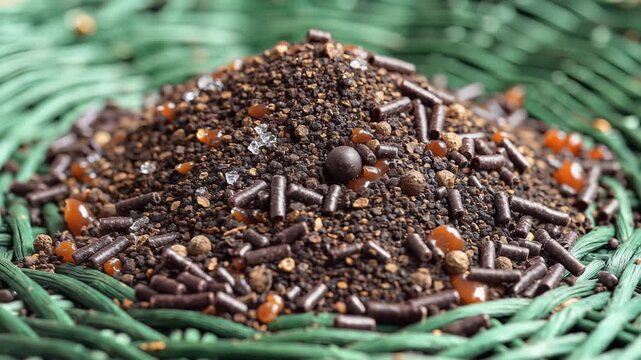 Closeup of a pile of chocolate sprinkles and edible decorations.