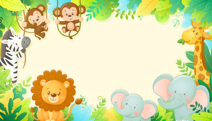 Obraz premium Jungle Safari Animals Border Design with Lush Greenery and Tropical Elements