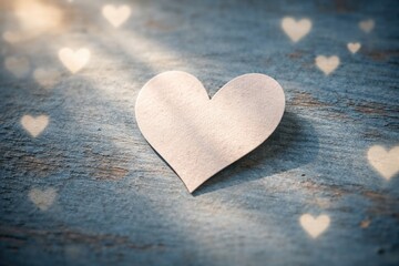Fototapeta premium Rough blue panel background showcasing heart shaped paper cutout and soft daylight