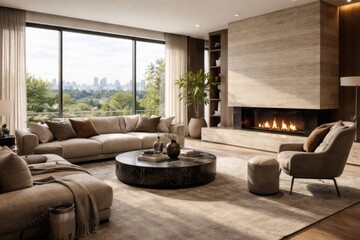 Naklejka premium Stylish living space with comfortable seating and fireplace under large window in modern apartment