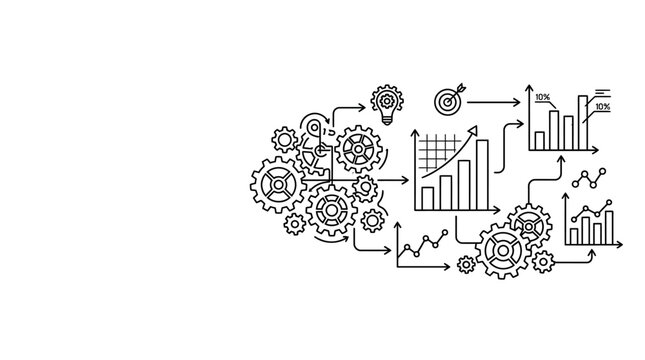 Hand drawn business strategy sketch with gears and data charts.