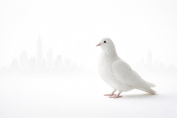 Obraz premium Serene white bird positioned on a blank white canvas with faint city outlines
