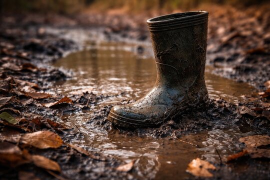 Outdoor scene of a muddy rubber boot stuck in a water puddle surrounded by dry leaves copy space