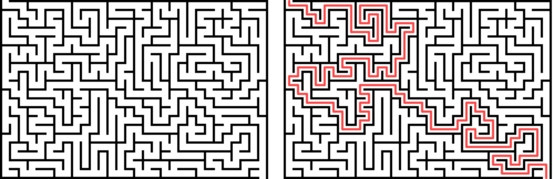 Intricate maze puzzle with red highlighted escape path