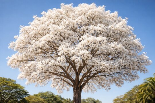 Full bloom white ipe tree highlighting floral vibrancy and shape on a clear sky day