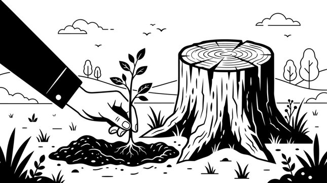 A hand planting a new tree sapling next to a tree stump.