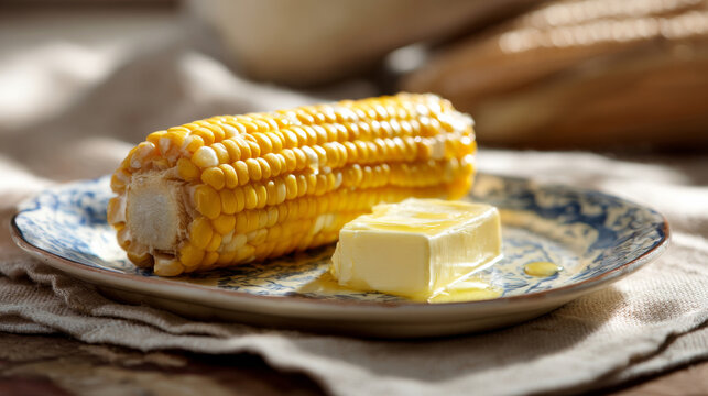 Plate with corn cob leftovers and butter residue, lifestyle kitchen scene, natural light