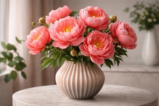 Radiant coral peonies in full bloom within a modern floral vase