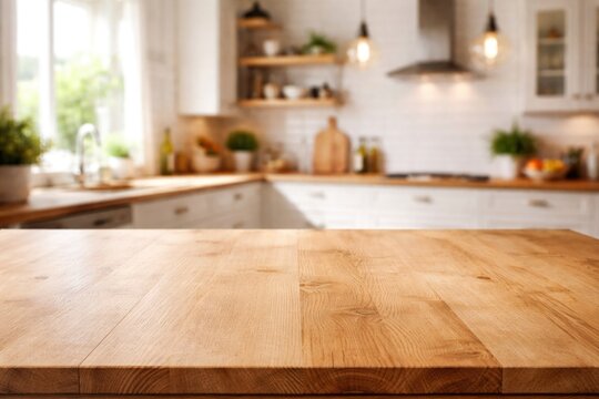 Natural light wooden desk with wide surface and subtly blurred kitchen backdrop designed for product display and montage creativity
