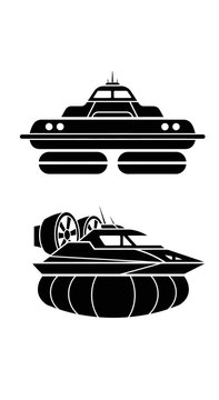 Set of black silhouette icons of hovercrafts and futuristic watercrafts on white background
