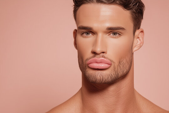 Young man with large full lips and professional makeup
