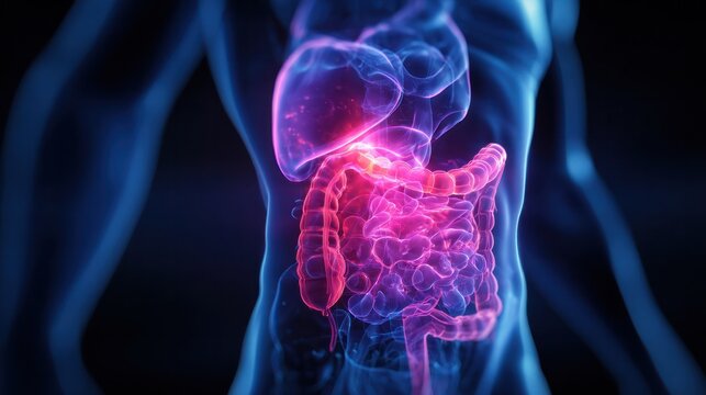 Anatomical Render: A detailed, stylized view of the human gastrointestinal system. Showcasing the intricacies of the gut.