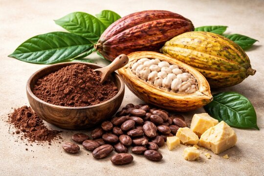 Variety of cocoa butter beans pods and cacao powder presented alongside leaves on clean backdrop