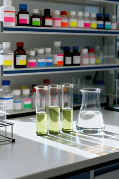 Test tubes with light green liquid and an erlenmeyer flask placed on lab counter with organized chemical reagent bottles on shelves in modern research laboratory
