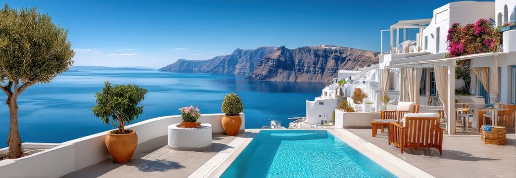 Luxury Santorini terrace with private pool, white buildings and panoramic caldera sea view