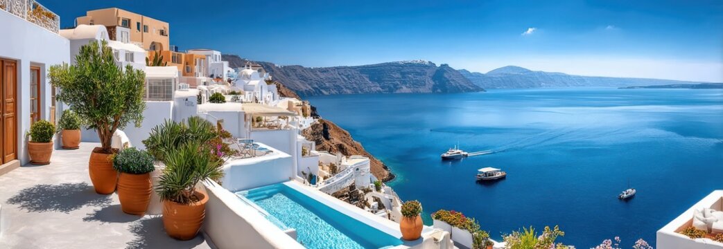 Panoramic view of Santorini, Greece with white buildings, caldera cliffs and blue Aegean Sea