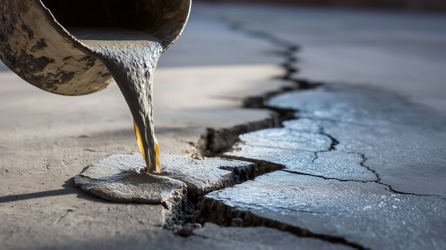 Pouring epoxy into a long floor crack in concrete for repair and sealing, hands-on restoration of damaged slab.