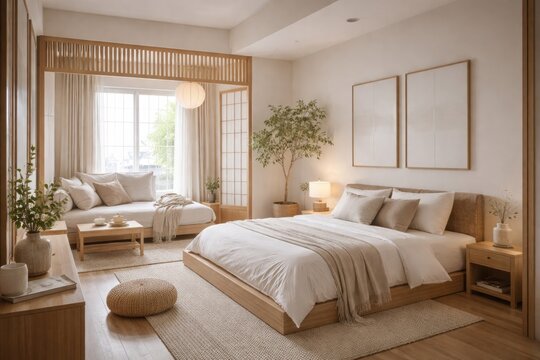 White and wood themed Japanese minimalist bedroom combined with a couch space in a small condo