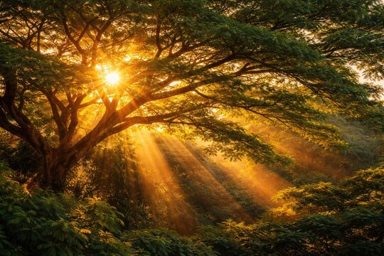 Radiant evening sun casting shadows on rain tree canopy