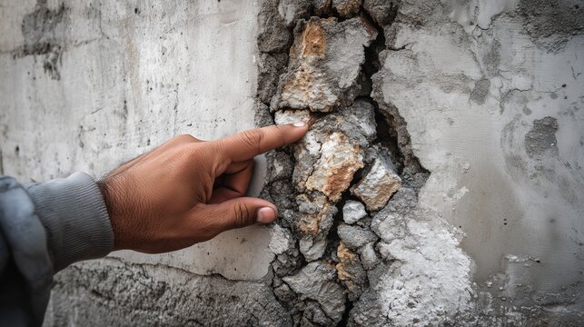 Hand pointing at a deteriorated concrete wall with visible foundation crack and exposed aggregate, illustrating foundation crack repair and crack sealing need.