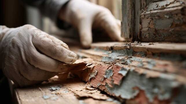Gloved hand scraping deteriorated layered paint from a wooden window frame, depicting lead paint abatement work and surface preparation for safe removal.