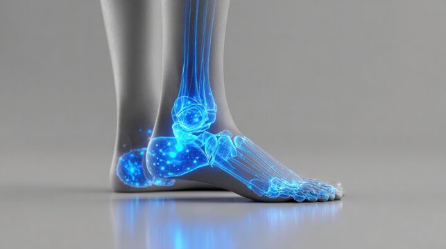 Glowing Human Foot Anatomy: A detailed 3D render of a human foot, showcasing the intricate skeletal structure illuminated with vibrant blue light, highlighting joints and bones.