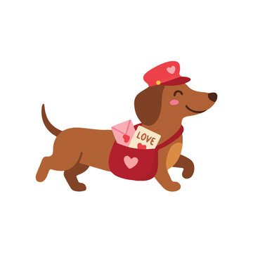 Cute dachshund mailman dog wearing hat vector, puppy running with valentine bag illustration