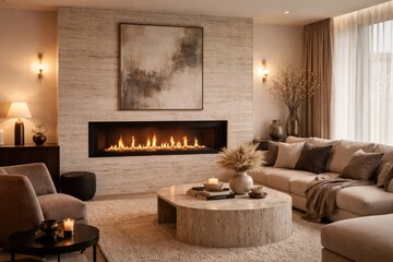 Obraz premium Chic apartment room highlighted by a mounted biofuel fireplace and tasteful decorative pieces