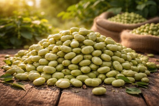 smooth panel background highlighting a mound of raw fava beans