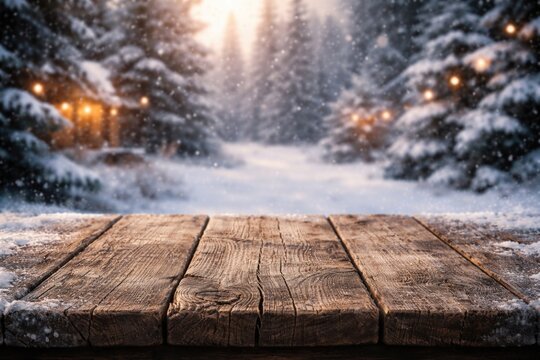 Wintertime blurred setting displaying an empty aged wood tabletop