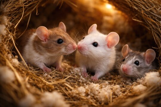Curious pet mice interacting in warm nest environment