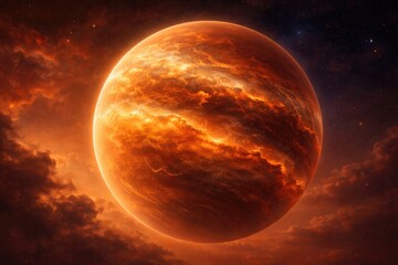 Fototapeta premium Visual of a glowing orange planet featuring atmospheric cloud layers against a dusky sky
