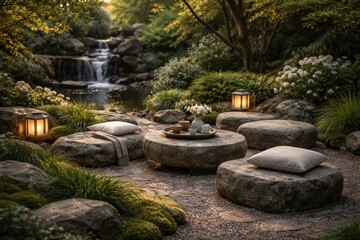 Fototapeta premium Tranquil outdoor relaxation with stone garden seating