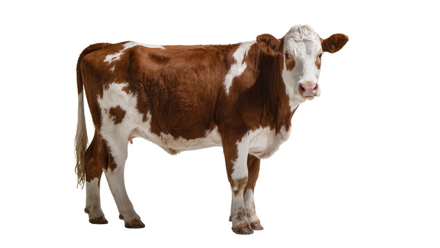 Brown and white spotted cow standing, isolated on transparent background