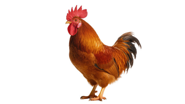 Brown rooster with red comb and tail feathers, isolated on transparent background