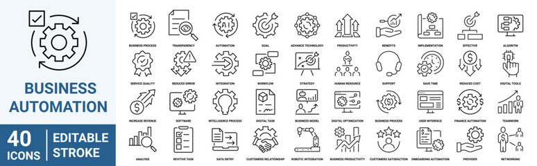 Naklejka premium Set of 40 outline icons related to Business automation. Linear icon collection. Editable stroke. Vector illustration