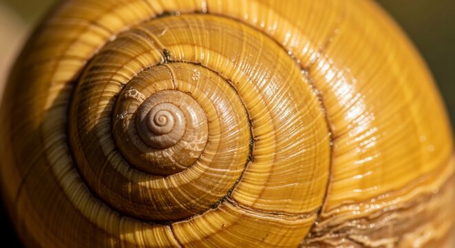 Close-up of a large yellow snail shell with spiral patterns in nature outdoors