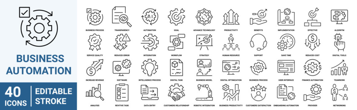Set of 40 outline icons related to Business automation. Linear icon collection. Editable stroke. Vector illustration