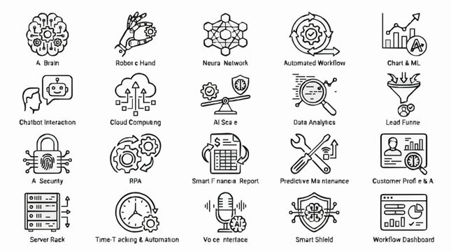 Artificial intelligence and machine learning technology line icons set