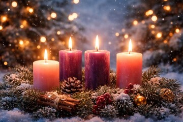 Naklejka premium Seasonal advent candles glowing softly amidst sparkling lights and a frosty snowy backdrop